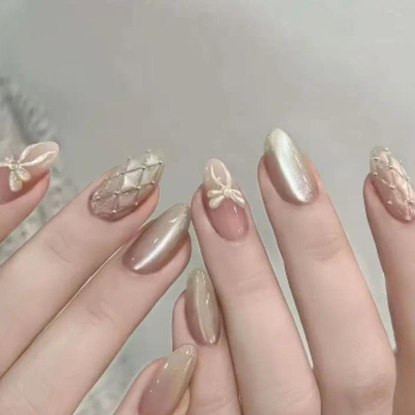 10pcs Almond Shaped Press-On Nails - Brown Beige Champagne Glitter with 3D Bow & Houndstooth Design, Medium Length Glossy Finish for Everyday & Formal Events, Event Accessories, Durable Pressons, Nail Art