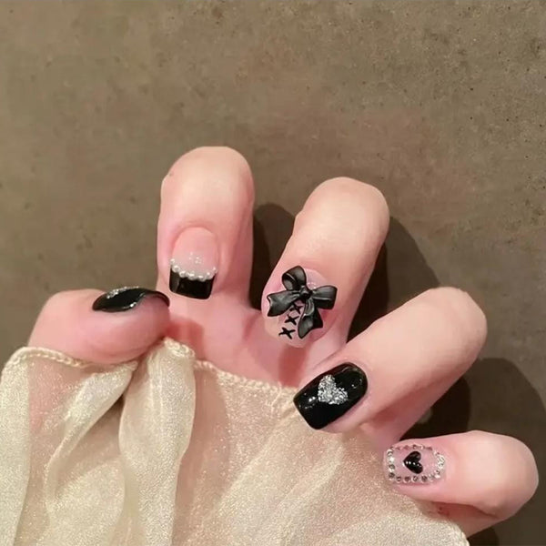 Glam Gothic Black Bow & Heart Press-On Nails
