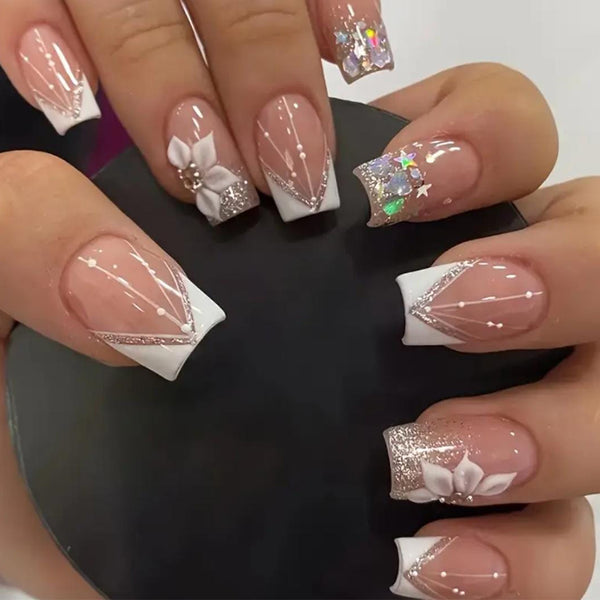 24pcs French Print Press-On Nails Set, Mixed Color System, Square Shape, Medium Length, Glossy Finshing