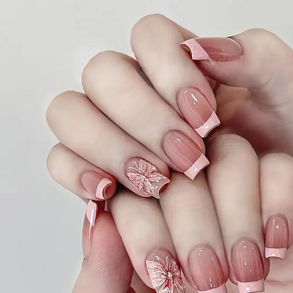 Blush Bloom Elegance – Soft Pink French Tip Press-On Nails with 3D Butterfly Floral Design
