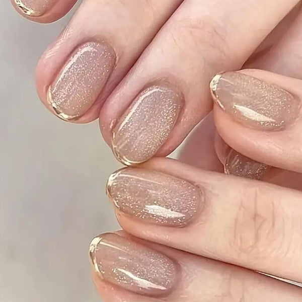 24pcs Short Oval Glitter French Tip Press-On Nails - Purple & Golden Sparkle Gradient